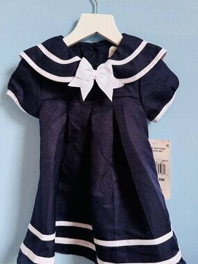 Rare Editions Navy Dress with White Trim and Bow Accent